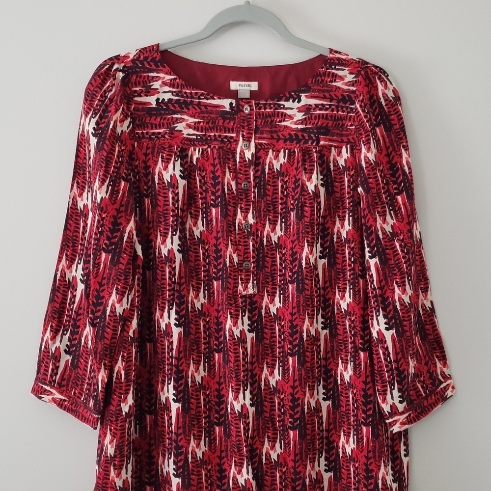 Fossil 100% Silk Mini Shift Dress Small Red Feather Print Boho Artsy Lightweight - Picture 2 of 14
